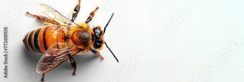 Bee macro isolated on a white background. Detailed bee. Concept of close up insect, entomology studies, and nature's intricacy. Banner. Copy space