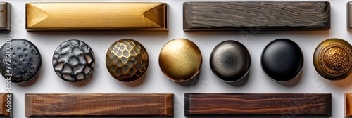 Selection of unique textured wooden knobs against a white surface. Variety of handcrafted wooden cabinet pulls. Concept of furniture handles, artisanal home decor, natural style.