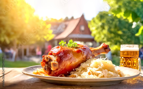 Schweinshaxe mit Sauerkraut und Bier im Biergarten 