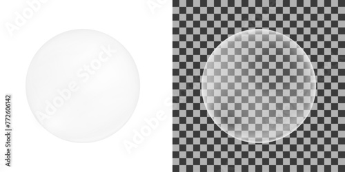 White bubble on transparent and white background. Inflated bubble gum shape. Element of soap foam, bath suds, cleanser liquid, sweet carbonated water. Vector realistic illustration.