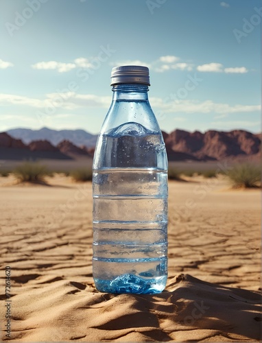 Pragmatic oasis: water bottle amidst vast desert panorama.