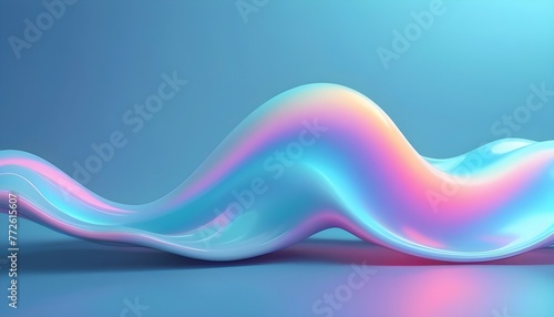 Abstract fluid 3d render holographic iridescent neon curved wave in motion on a light blue backgroun