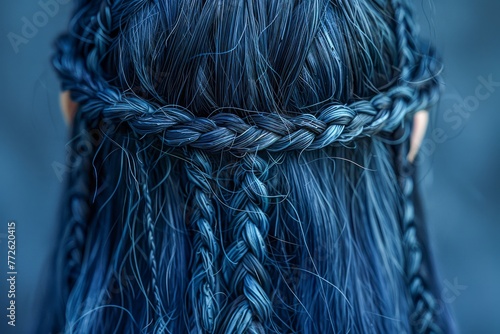 Close up View of Intricate Blue Hair Braid Hairstyle on a Woman Against Blue Background