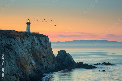 picture of a lighthouse on the top of a cliff, with a view of far away mountains, birds flying in the sky, during a sunset