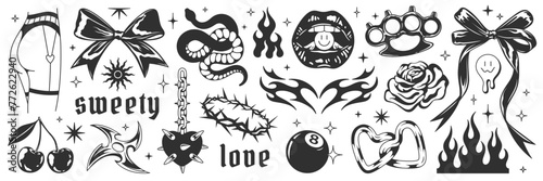 Y2k aesthetic set. Tattoo art signs of 2000s style. Y2k symbols, goth chain, heart, rose, flame, bow, snake, brass knuckles, mouth, star, cherry, blackthorn, smile. Vector tattoo line modern stickers