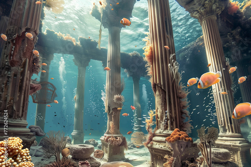 Columns in ruins submerged in water, with sea life growing on them while fishes swim between them
