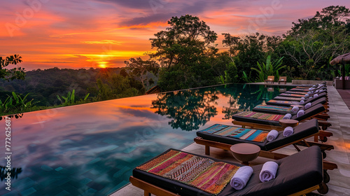 A breathtaking view of a luxury pool villa at sunset, with the pool's surface mirroring the vibrant colors of the sky. Elegant sunbeds, each featuring a unique beach towel, line the pool,
