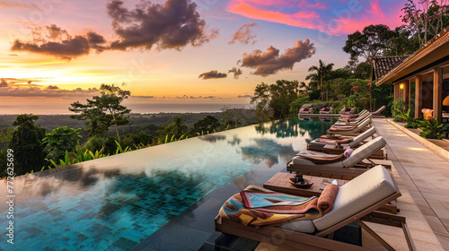 A breathtaking view of a luxury pool villa at sunset, with the pool's surface mirroring the vibrant colors of the sky. Elegant sunbeds, each featuring a unique beach towel, line the pool, 