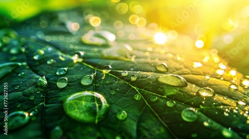 Large beautiful drops of transparent rain water on a green leaf macro.