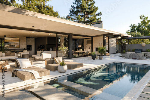 A fresh perspective of a modern home with an outdoor pool, the patio dressed in the latest design trends, the entire scene shot with a clarity that emphasizes the space's sleek aesthetic.