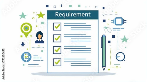 the text Requirement , checklist with checkboxes representing the concept of skills, qualifications, and experience requirements. 