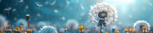 background: A serene scene with a dandelion losing its seeds in the wind, illuminated by a gentle backlight