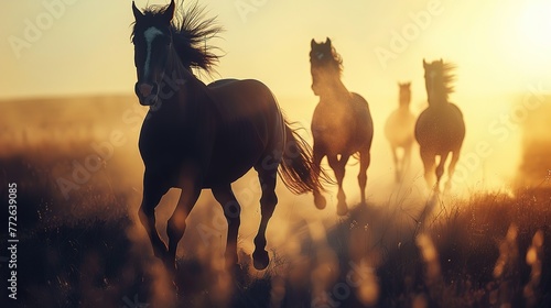 A close-up portrait silhouette of horses running on plains, the sun casting long shadows, highlighting their graceful movement, vintage filter