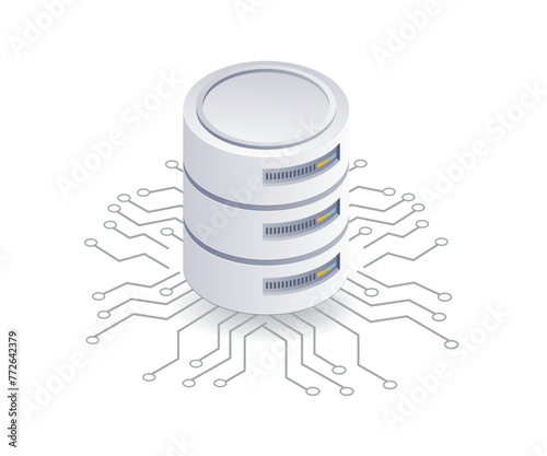 Computer network management database server system, flat isometric 3d illustration