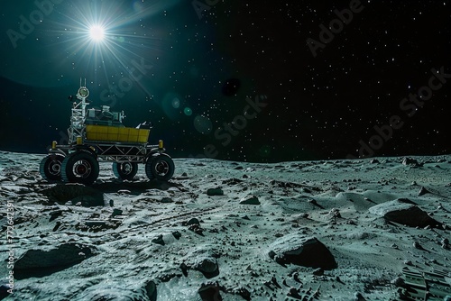 Astronaut on Lunar Rover Exploring Moon Surface Under Starry Night Sky with Earthshine