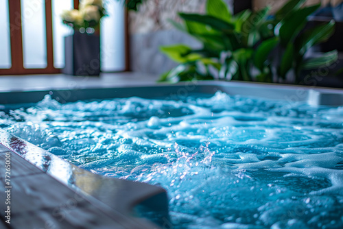 Tranquil blue jacuzzi with bubbling water in a serene spa setting