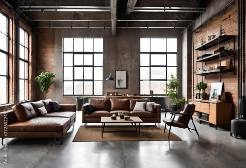Industrial living space featuring leather sofas and expansive windows, Modern industrial décor with leather seating and large windows, Spacious living room with leather furniture and natural light.