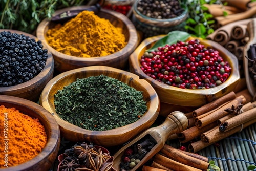 Various aromatic colorful spices and herbs. Ingredients for cooking, Ayurveda treatments, natural background
