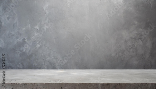 Empty gray wall room interiors studio concrete backdrop and floor cement shelf, well editing montage display products and text present on free space background