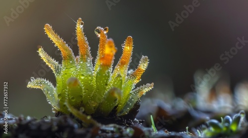 Closeup of a lycopodium spore highlighting its small size and potential for germination and growth.