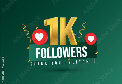 1k followers. Thank you for 1k followers on social media. 1000 followers thank you, celebration banner with heart icons, confetti on dark royal green background. 