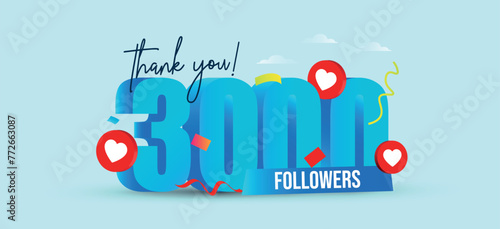 3000 Subscribers. Thank you for 3000 subscribers on social media. 3k followers thank you, celebration banner with heart icons, confetti on colourful aqua background. Celebration on achievement Vector