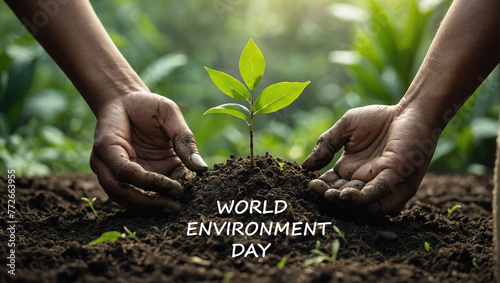 World environment day with tree planting and green planet earth on volunteering protection hands for go green and saving ecology, eco-friendly concept environment day, earth day, global warming day