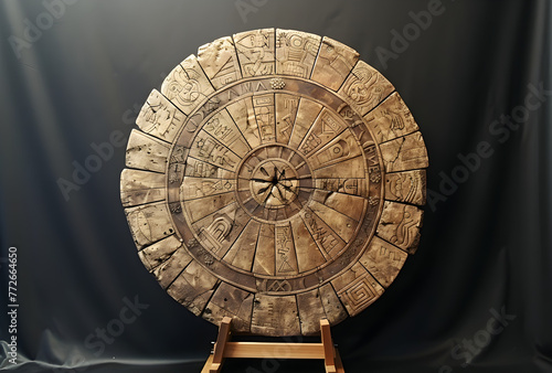 A large wooden Aztec calendar with an ancient sigil, representing the rich cultural heritage and intricate design of the Aztec civilization.