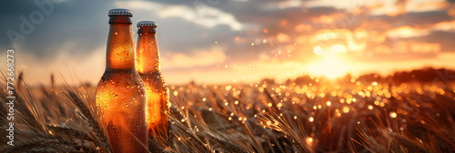 Bottles with beer against wheat field on sunset. Field of barley on summer or autumn day. Brewing. International beer day. Oktoberfest
