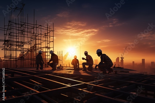 construction workers in silhouette against a dramatic sunrise skyline 