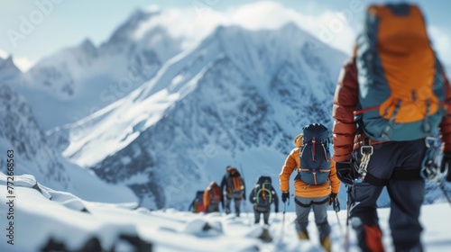A group of mountaineers make way up a snowy mountain backs turned to the camera as they conquer the challenging terrain . .