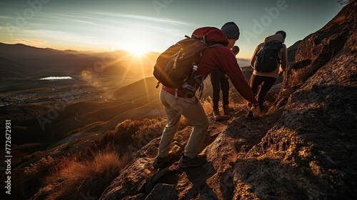A group of men are climbing a mountain at sunrise