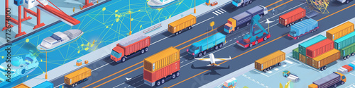 illustration of Logistics and transportation, Integrated warehousing and transportation operation service. Network distribution of Container Cargo, Smart logistics and future of transport on global ne