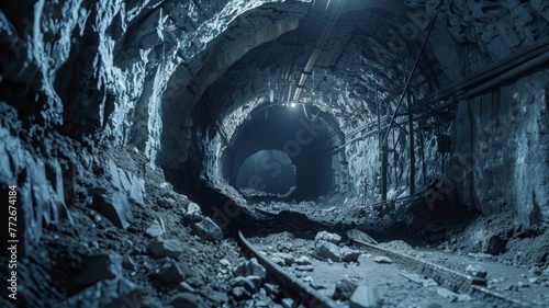 Abandoned dark blue mine tunnel - A chilling shot of an abandoned mine with a decaying railway track, evoking a sense of desolation and mystery