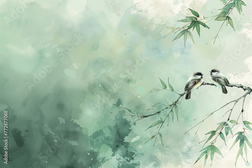 Bamboo and bird. Digital painting of bamboo stems and leaves Chinese/Japanese style