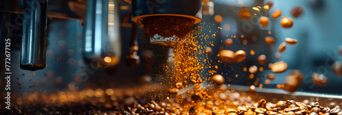 Close-up of freshly ground, fragrant coffee spilling out of a professional coffee grinder. Machine Pouring Coffee Beans. Freshly Ground Coffee realistic illustration for banner, poster. 