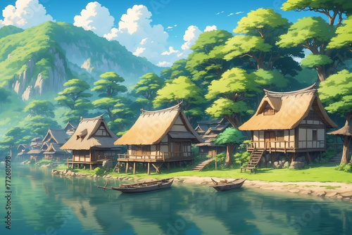The village has simple houses made of wood and thatched roofs on the edge of the lake. In anime style