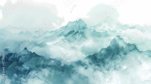 Watercolor clouds and mist surrounding fairyland mountains illustration poster background
