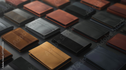 A collection of various leather wallets lying flat on a dark surface featuring a blank label for branding purposes