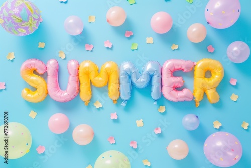 SUMMER' written with colorful inflated letter balloons and various smaller balloons on a light blue background