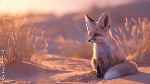 Fennec Fox In Desert Twilight, African Wildlife, Nature Photography, Exotic Animal In Habitat, Serene Sunset, Majestic Creature, Sand Dune Landscape, Travel Destination, Ecotourism, Fauna Portrait