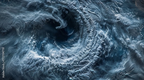 A glimpse of a stormy winter world as seen from a satellites vantage point with a focal point that seems to shift and pulse like the iris of an eye.