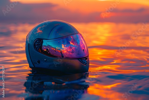 Motorcycle Helmet Reflecting Sunset Colors on Water