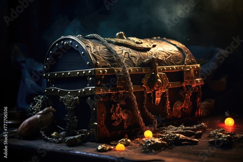 Pirate's cutlass and pistol on a treasure chest.