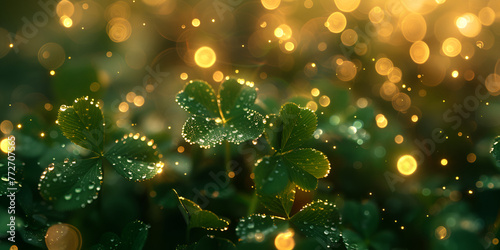 Delicate dewdrop on a lush green fourleaf clover in the morning sun natural floral background.AI Generative