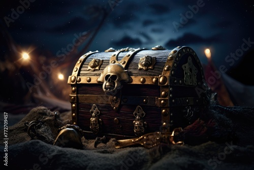 Pirate's cutlass and a pirate flag on a treasure chest.