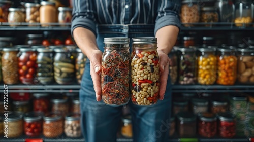 A person organizing a cluttered pantry with new storage solutions