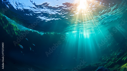 Sun's rays penetrate in clear blue underwater scene