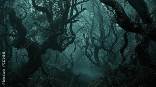 A dense dark forest with gnarled trees and mist hanging in the air inviting the imagination to wonder about what lies hidden within . .