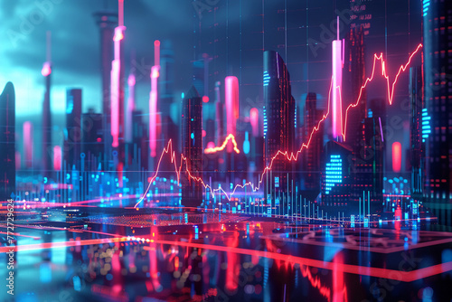 A digital landscape with rising and falling Bitcoin values represented as a 3D holographic line graph, illuminating a futuristic cityscape